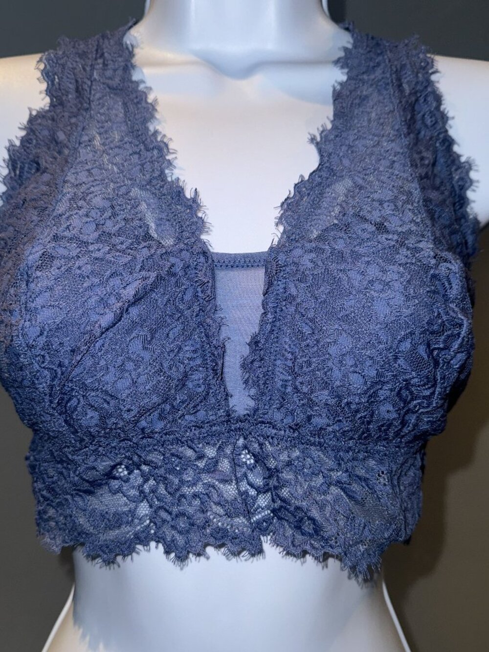 Aerie Eyelash Lace Plunge Longline Bralette Dusty Blue M/L DD Racerback